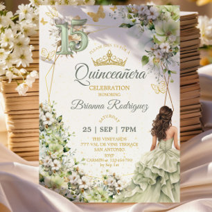 Salie groene bloemige gouden vlinders Quinceañera Kaart