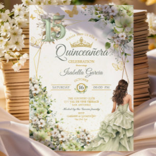 Salie groene bloemige gouden vlinders Quinceañera Kaart