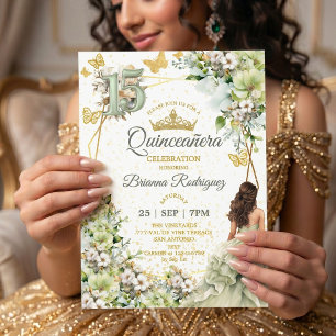 Salie groene bloemige gouden vlinders Quinceañera Kaart