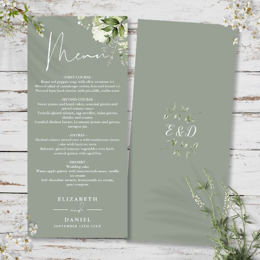 Salie Groene Bloemige Groene Monogram Bruiloft Din Menu