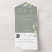 Salie groene bloemige monogram QR-code trouwdag All In One Uitnodiging (Binnen)
