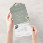 Salie Groene Bloemige Monogram QR Code Trouwen All In One Uitnodiging (Afscheurbaar)