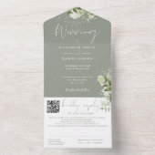 Salie Groene Bloemige Monogram QR Code Trouwen All In One Uitnodiging (Binnen)