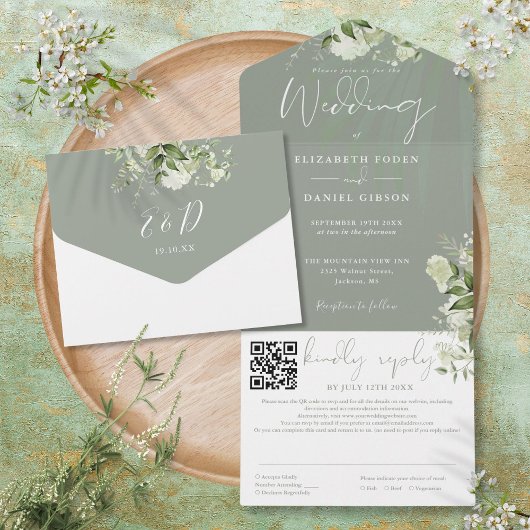 Salie Groene Bloemige Monogram QR Code Trouwen All In One Uitnodiging