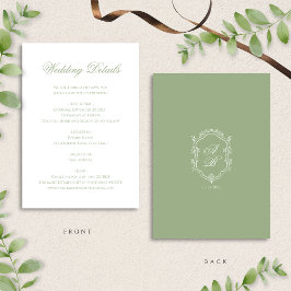 Salie Groene Bloemige Monogram Wapen Huwelijksdeta Informatiekaartje