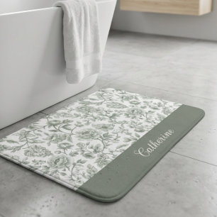 Salie Groene Bloemige Vintage Toile Monogram Naam Badmat