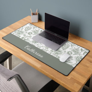 Salie Groene Bloemige Vintage Toile Monogram Naam Bureaumat