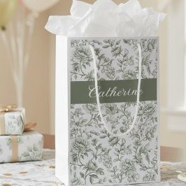 Salie Groene Bloemige Vintage Toile Monogram Naam Klein Cadeauzakje