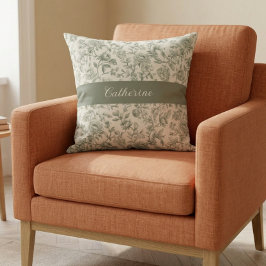 Salie Groene Bloemige Vintage Toile Monogram Naam Kussen