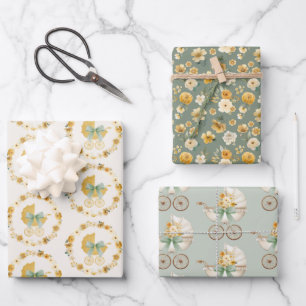 Salie groene bloemkoets baby shower inpakpapier vel