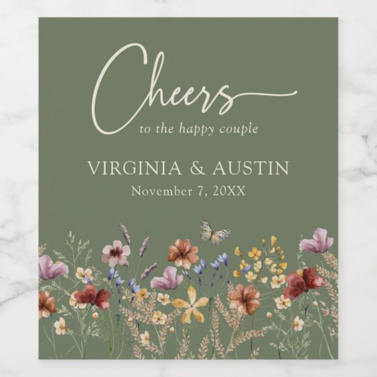 Salie Groene Bloemrijke Bruiloft Cheers Wijn Etiket (Enkel label)