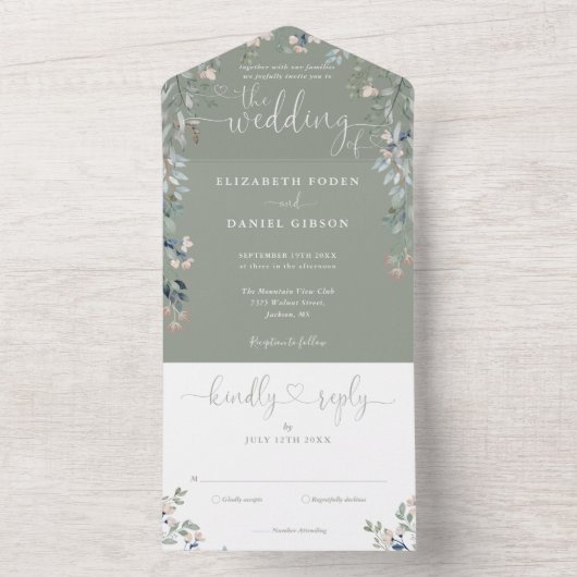 Salie Groene Bloemrijke Script Harten Minimalistis All In One Uitnodiging (Binnen)