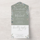 Salie Groene Bloemrijke Script Monogram Bruiloft  All In One Uitnodiging (Binnen)