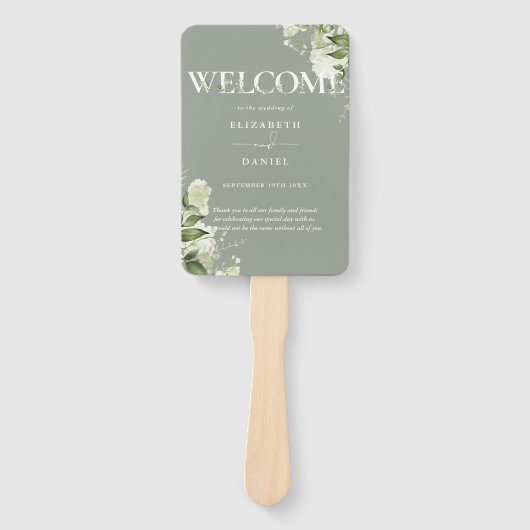Salie Groene Bloemrijke Typografie Trouwprogramma Handwaaier (Voorkant)