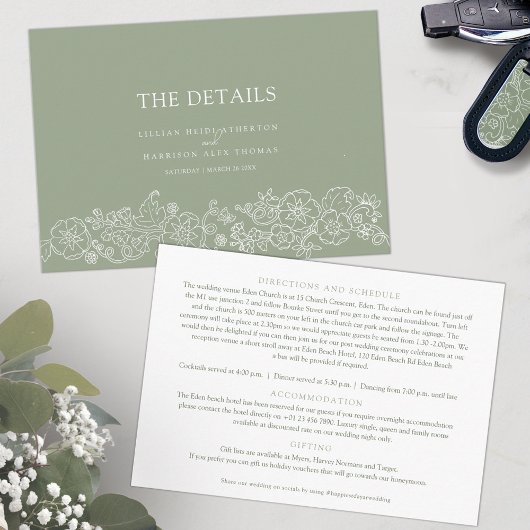 Salie groene bloesem vlinders bruiloft details informatiekaartje