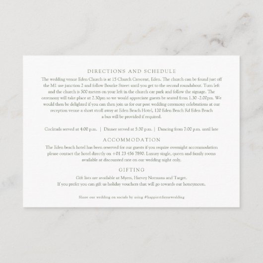 Salie groene bloesem vlinders bruiloft details informatiekaartje (Achterkant)