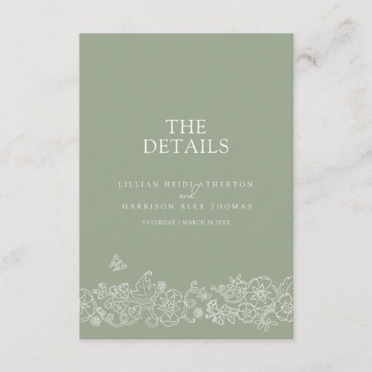Salie groene bloesem vlinders bruiloft details QR Informatiekaartje (Voorkant)