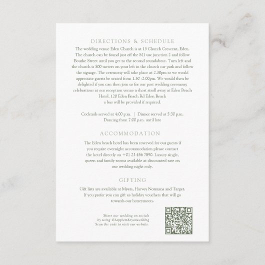 Salie groene bloesem vlinders bruiloft details QR Informatiekaartje (Achterkant)