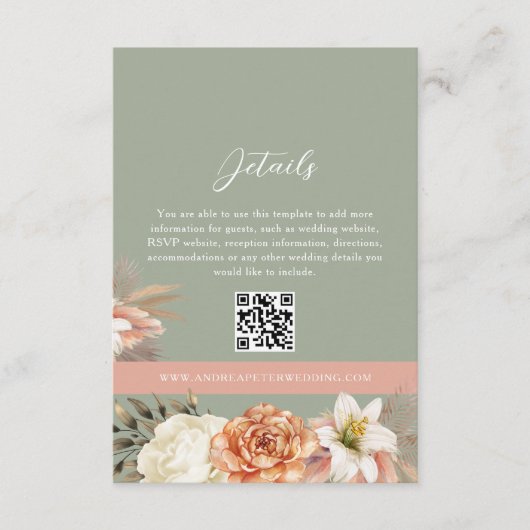 Salie Groene Boho Bloem Bruiloft QR Kaart (Voorkant)