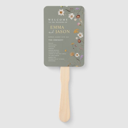 Salie Groene Boho Bloem Bruiloftsprogramma Handven Handwaaier (Voorkant)