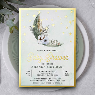 Salie Groene Boho Bloemen Maan Sterren Baby Borrel Folie Uitnodiging