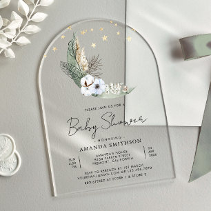Salie Groene Boho Bloemstuk Maan Boog Baby Shower Acryl Uitnodigingen