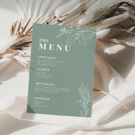 Salie Groene Boho Trouwmenu met bloemschilderkunst Menu