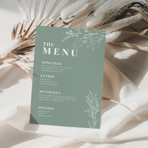 Salie Groene Boho Trouwmenu met bloemschilderwerk Menu