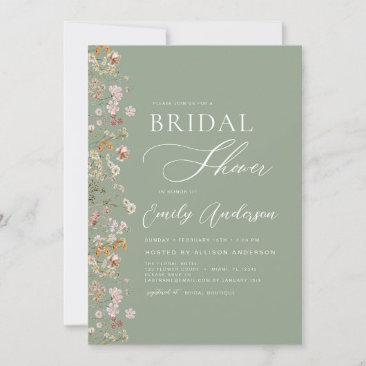 Salie Groene Boho Wilde Bloem Bruids Bruiloft Eleg Kaart (Voorkant)