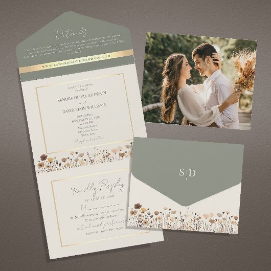 Salie Groene Boho Wilde Bloemen Bruiloft All In One Uitnodiging