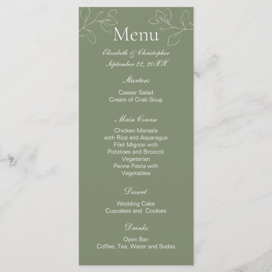 Salie Groene Boho Witte Bloemige Botanische Huweli Menu (Voorkant)