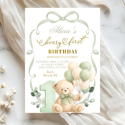 Salie Groene Boog Coquette Beary Eerste Verjaardag Kaart