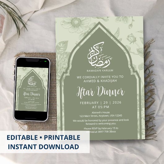 Salie Groene Botanische Boog Ramadan Iftar Uitnodi Kaart