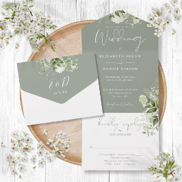 Salie Groene Botanische Groene Monogram Huwelijk All In One Uitnodiging