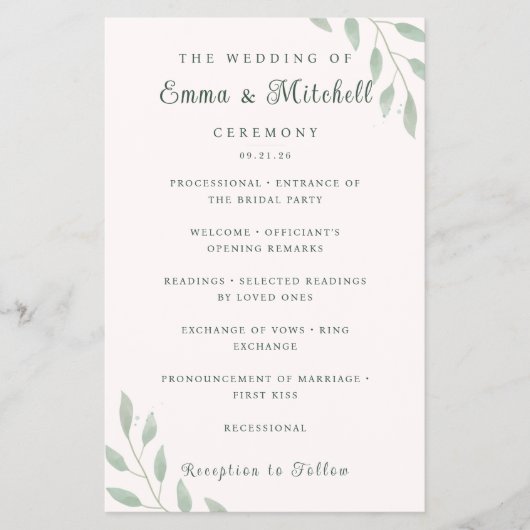 Salie Groene Botanische Minimale Ceremonie Program Flyer (Voorkant)