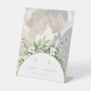 Salie groene botanische monogram dankkaart reclamebord met voetstuk