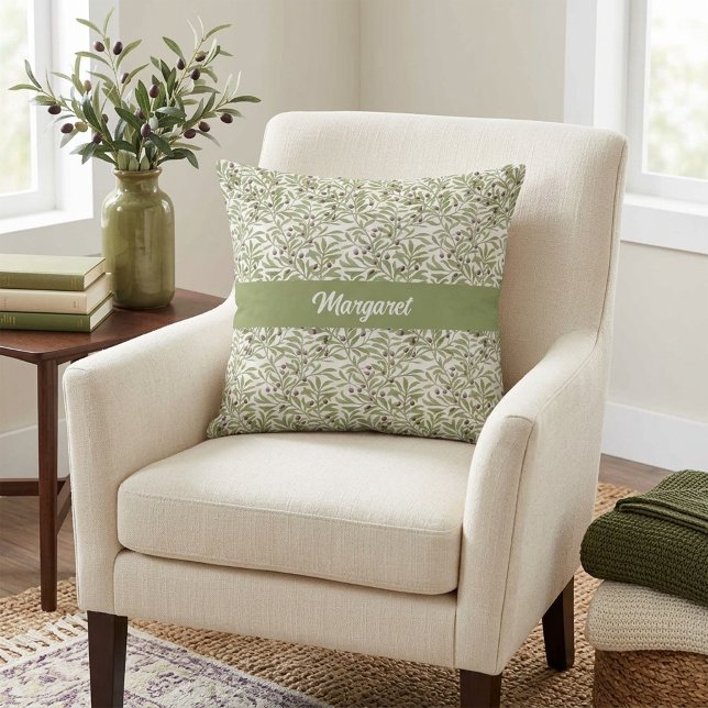Salie Groene Botanische Olijftak Patroon Kussen (Sage Green MONOGRAM Botanical Olive Branch Pattern Throw Pillow)