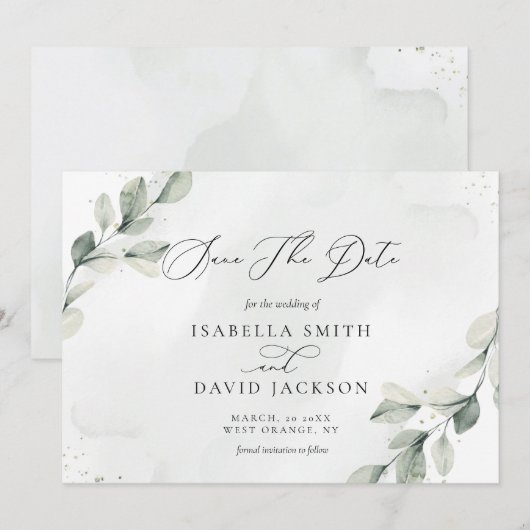 Salie Groene Botanische Rustieke Eucalyptus Schuur Save The Date (Voorkant / Achterkant)