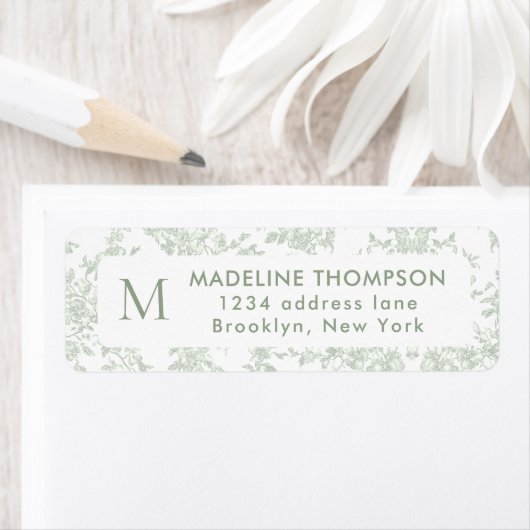 Salie Groene Botanische Toile Monogram Adres Etiket (Insitu)
