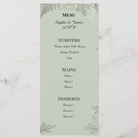 Salie Groene Botanische Trouwdag Menu (Voorkant)