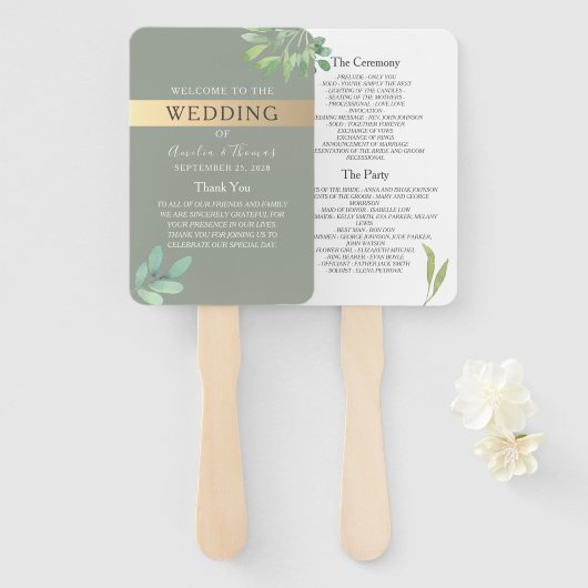 Salie Groene Botanische Trouwprogramma Waaiers (Voorkant en achterkant)