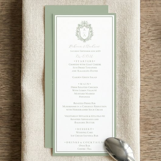 Salie Groene Botanische Wapen Monogram Trouw Menu