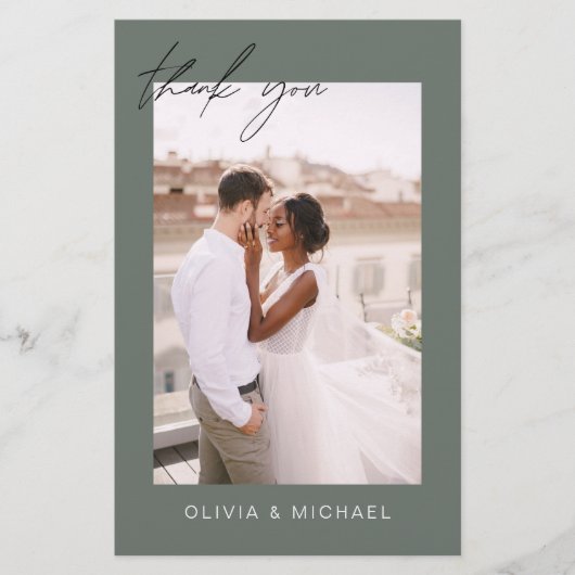 Salie groene budget bruiloft foto dank je kaarten (Voorkant)