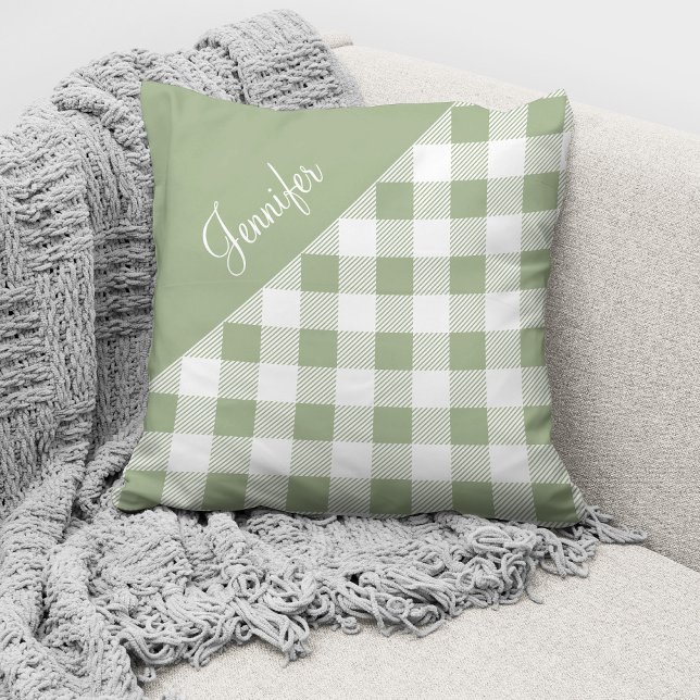 Salie Groene Buffalo Plaid Check Patroon Naam Kussen (Creator heeft geüpload)