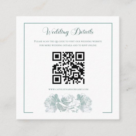 Salie Groene Calligrafie QR Code Bruiloft Informatiekaartje (Voorkant)