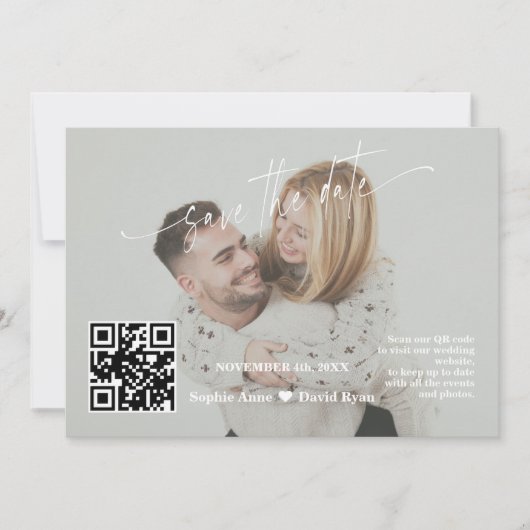 Salie Groene Calligrafie QR Code Foto Bruiloft Save The Date (Voorkant)