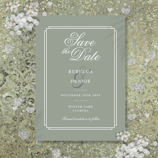 Salie Groene Chic Elegante Script Art Deco Trouwen Save The Date