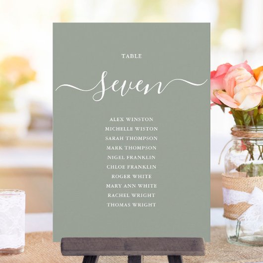 Salie Groene Chic Script Tafelnummer Zitplaatskaar
