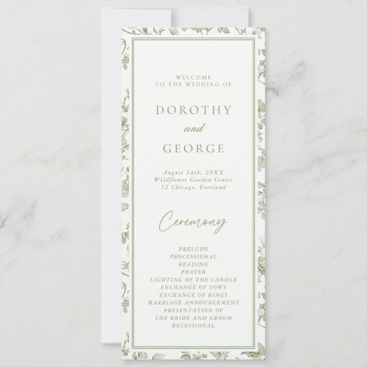 Salie Groene Chinoiserie Trouwprogramma Kaart (Voorkant)