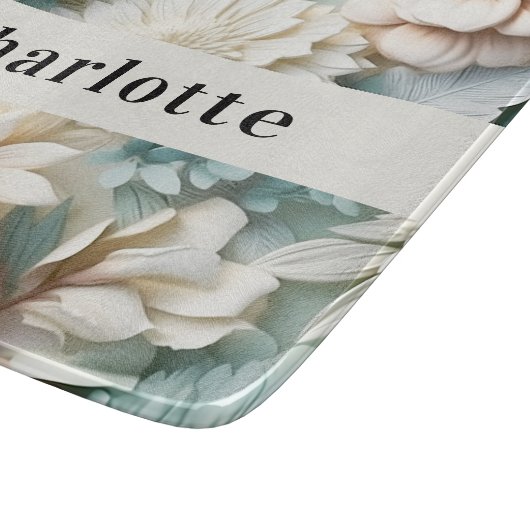 Salie groene crème bloemen naam script snijplank (Hoek)